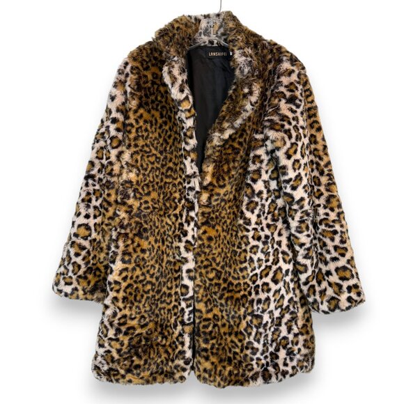 Faux Fur Leopard Print Coat Jacket Animal Print Outerwear Pockets Medium - Picture 1 of 9